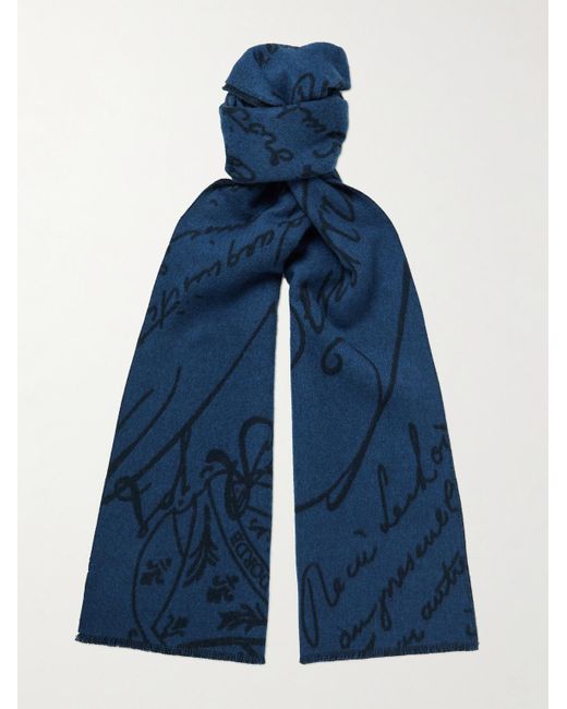 Berluti Blue Scritto Wool-jacquard Scarf for men