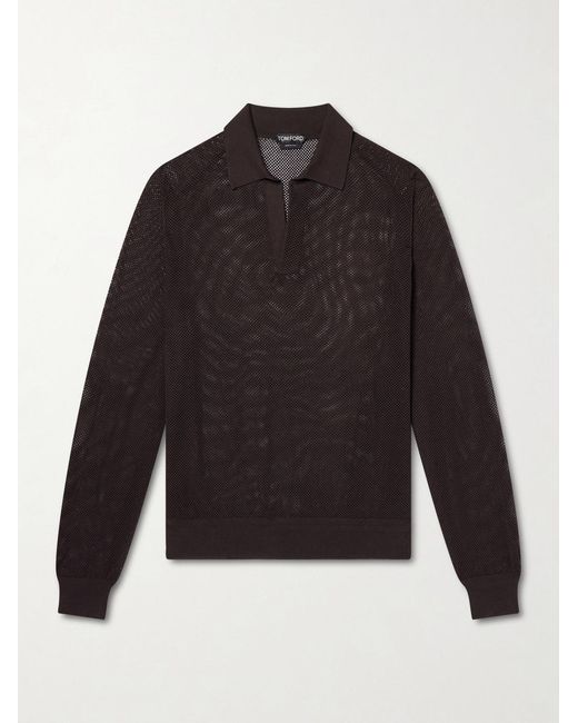 Tom Ford Black Open-knit Sea Island Cotton And Silk-blend Polo Shirt for men