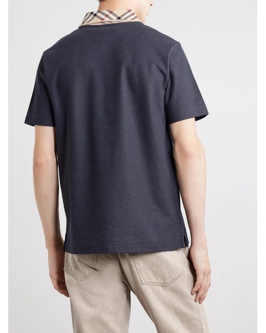Burberry Blue Checked Cotton-Piqué Polo Shirt for men