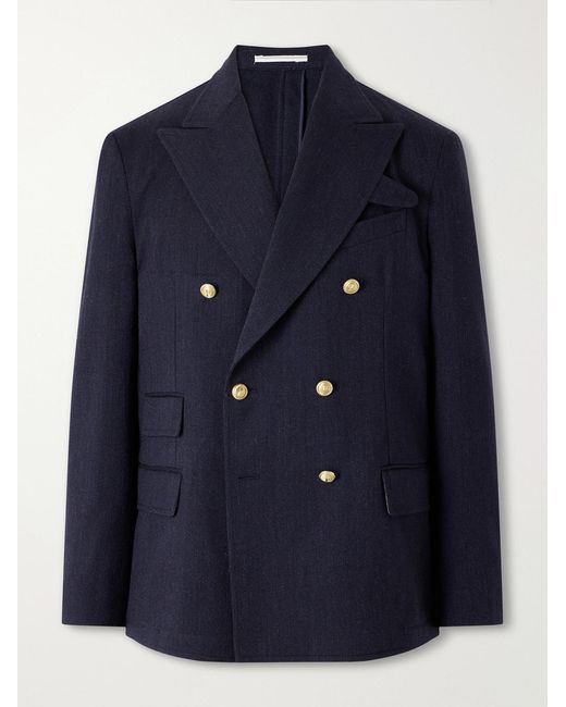 Fortela Blue Travel Double-Breasted Wool-Twill Blazer for men