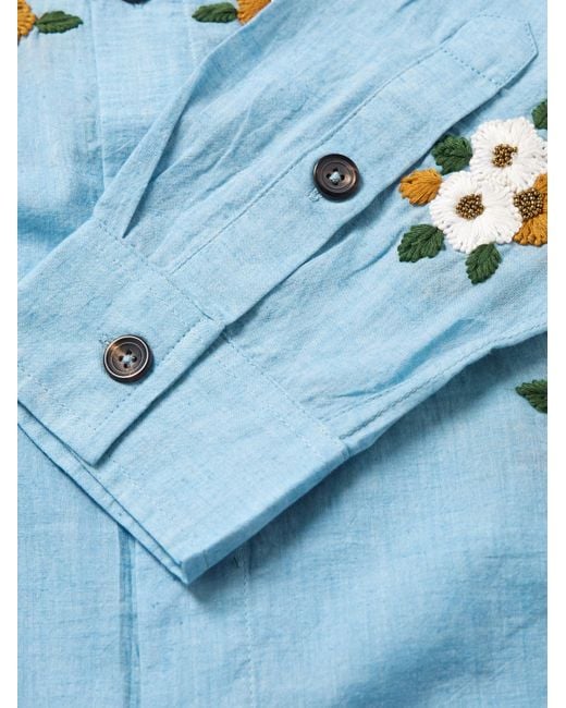 Kartik Research Blue Floral-Embroidered Embellished Cotton Shirt for men