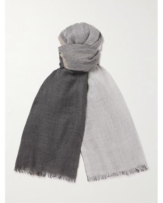 Brunello Cucinelli Gray Fringed Striped Cashmere And Silk-Blend Scarf for men