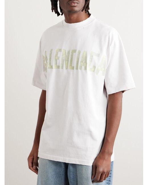 Balenciaga White Oversized Distressed Logo-print Cotton-jersey T-shirt for men