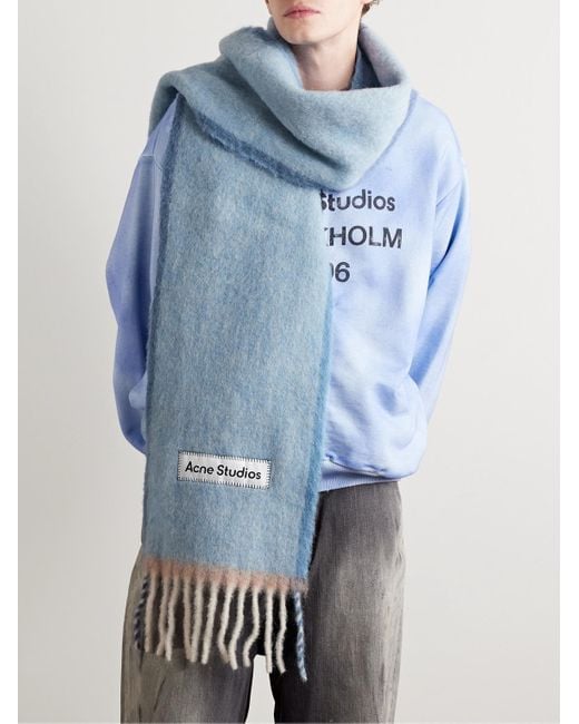 Acne Blue Vally Logo-appliquéd Fringed Knitted Scarf for men