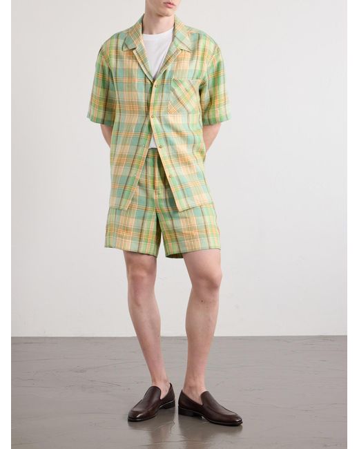 God's True Cashmere Green Straight-Leg Checked Linen Shorts for men