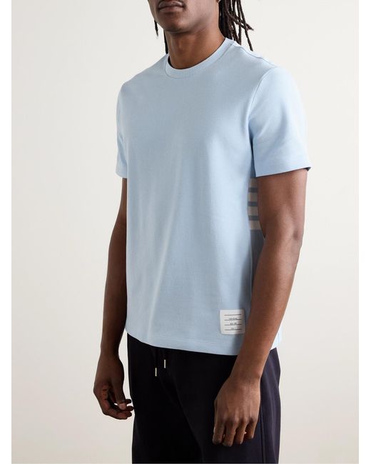 Thom Browne Blue Logo-Appliquéd Striped Cotton-Piqué T-Shirt for men