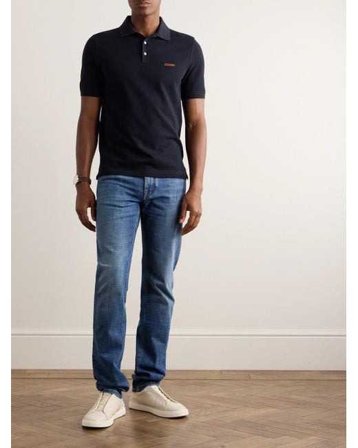 Zegna Blue Slim-Fit Cotton-Piqué Polo Shirt for men