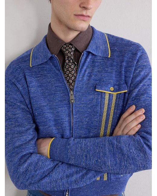 Mouliné Zip-Up Cardigan di Versace in Blue da Uomo