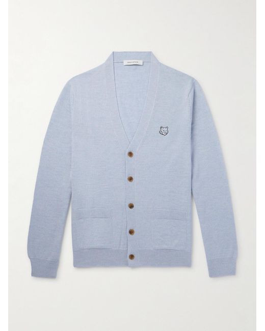 Cardigan slim-fit in lana con logo applicato di Maison Kitsuné in Blue da Uomo
