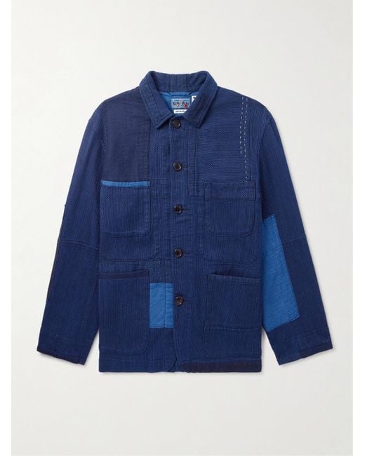 Blue Blue Japan Blue Patchwork Indigo-dyed Sashiko Cotton And Linen Overshirt for men