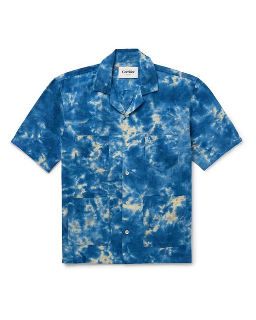 Corridor NYC Blue Convertible-collar Tie-dyed Cotton And Linen-blend Shirt for men