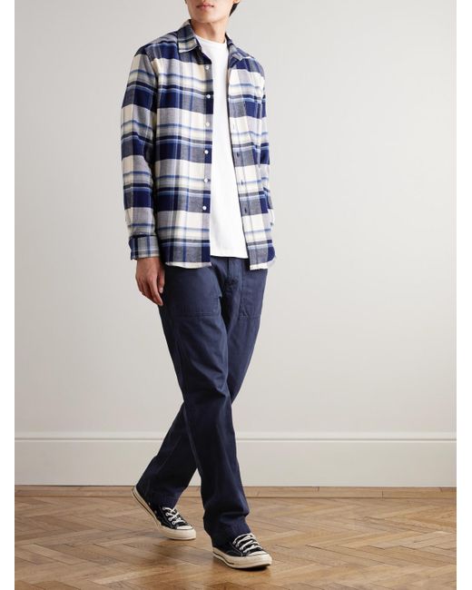 Hartford Blue Fatigue Straight-Leg Garment-Dyed Herringbone Cotton-Gabardine Trousers for men