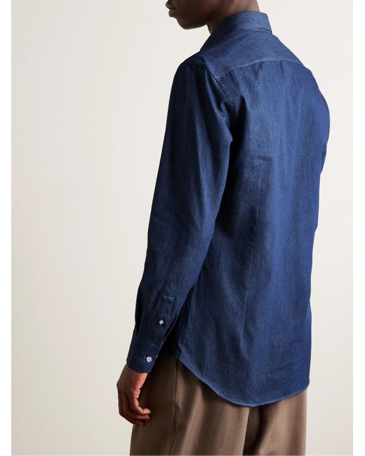 Camicia in chambray di cotone con collo button-down e logo ricamato di Etro in Blue da Uomo