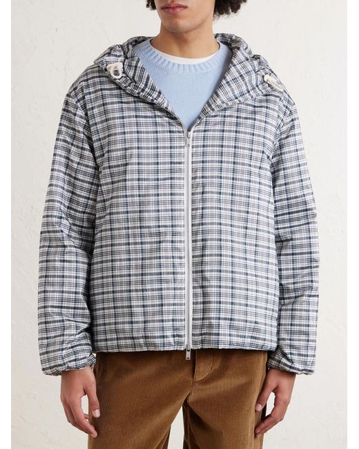 Jil Sander Blue Padded Checked Silk-Blend Hooded Jacket for men