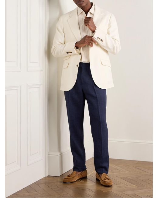 Brunello Cucinelli Blue Slim-Fit Pleated Linen Suit Trousers for men