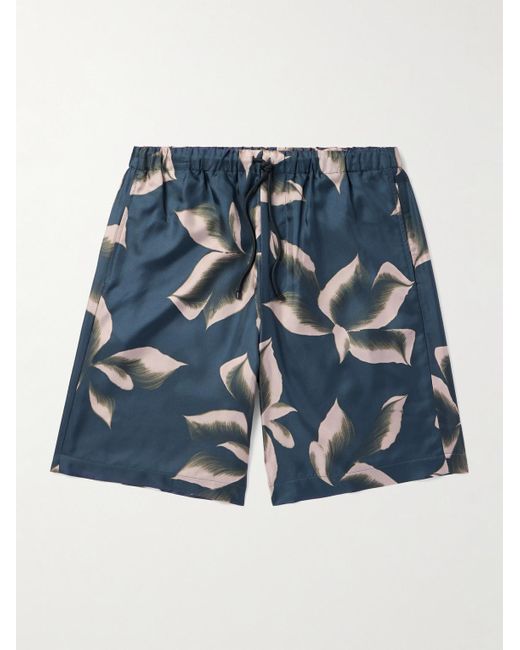 Dries Van Noten Blue Straight-Leg Printed Silk-Twill Drawstring Shorts for men