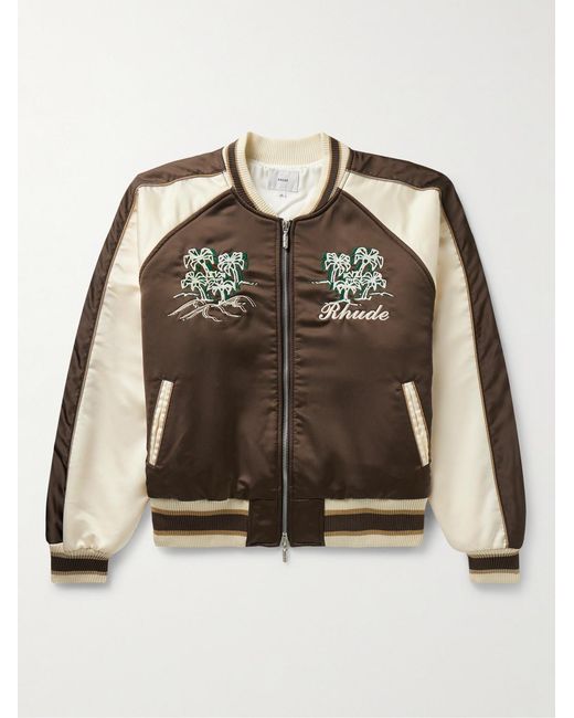 Rhude Brown Logo-Embroidered Colour-Block Satin Bomber Jacket for men