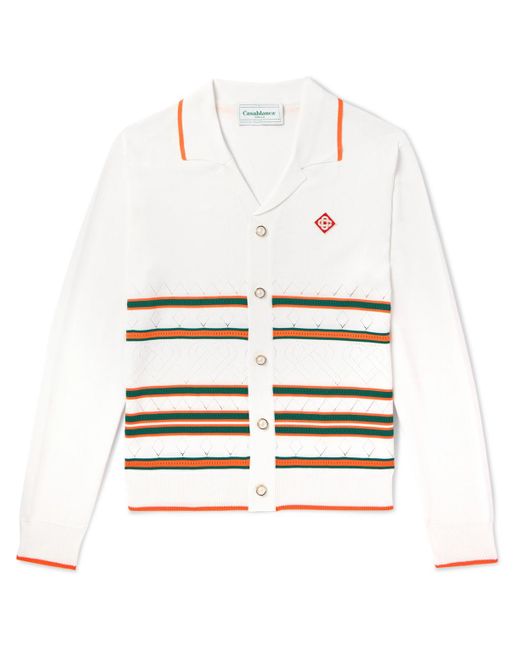 Casablancabrand White Camp-collar Logo-appliquéd Striped Pointelle-knit Cardigan for men