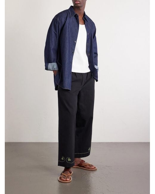 Bode Blue Lucky Draw Straight-leg Pleated Embroidered Cotton-twill Trousers for men