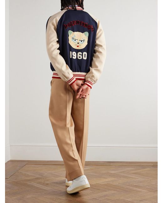 Valentino Garavani Blue Le Chat De La Maison Logo-Appliquéd Two-Tone Virgin Wool And Cotton-Blend Twill Bomber Jacket for men