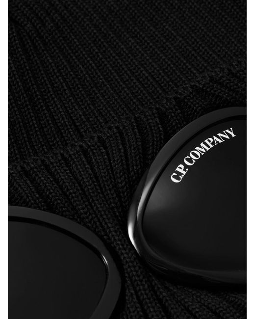 C P Company Goggle Beanie aus gerippter Baumwolle mit Applikation in Black für Herren