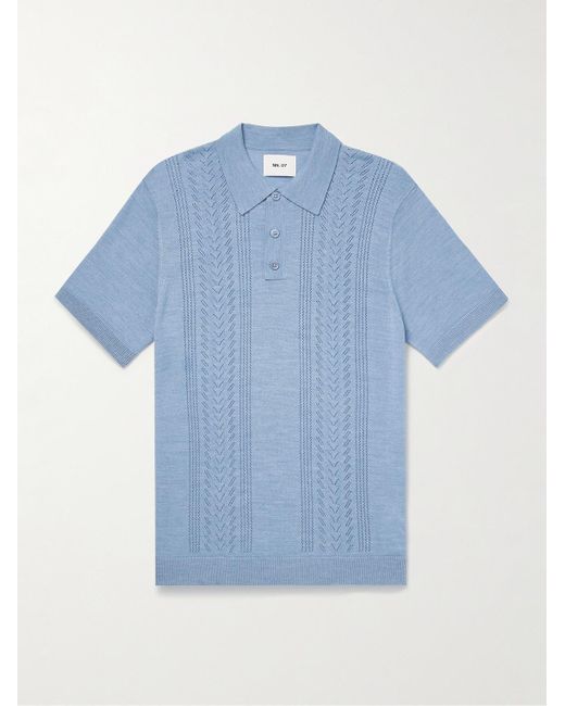 NN07 Blue Thor 6539 Pointelle-knit Wool-blend Polo Shirt for men