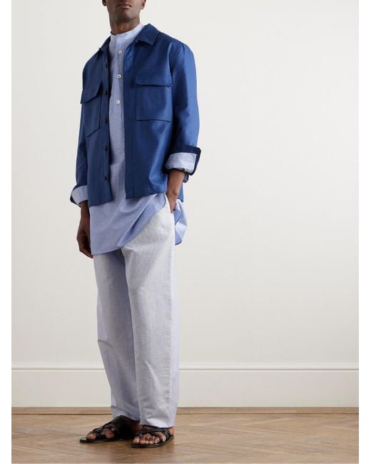 Loro Piana Suwako gestreiftes Hemd aus einer Leinen-Baumwollmischung mit Stehkragen in Blue für Herren