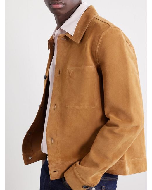 AMI Brown Logo-Embossed Suede Jacket for men