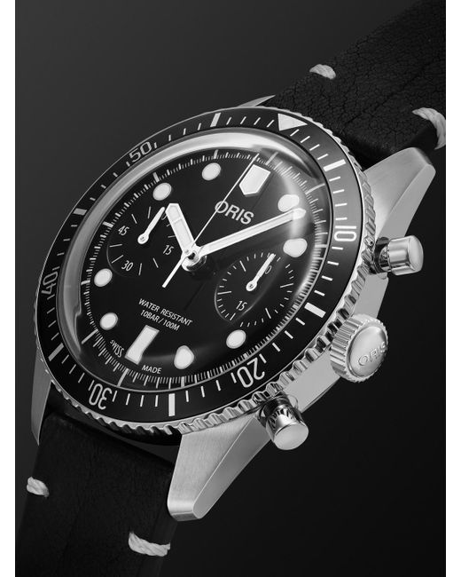 Cronografo automatico 40 mm in acciaio inossidabile con cinturino in pelle Divers Sixty-Five di Oris in Black da Uomo