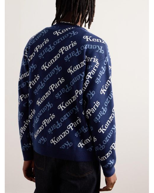 Cardigan in misto cotone e lana con logo jacquard di KENZO in Blue da Uomo