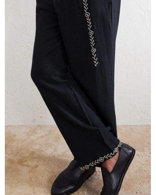 Kartik Research Blue Straight-leg Pleated Embroidered Wool Trousers for men