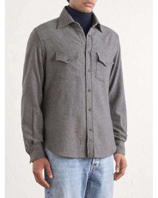 Eleventy Gray Texas Houndstooth Wool And Cashmere-blend Shirt for men