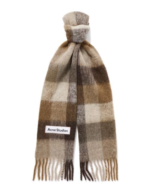 Acne Natural Vally Fringed Checked Knitted Scarf for men