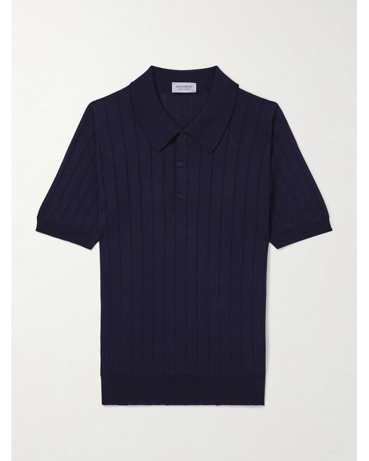 John Smedley Blue Ribbed Wool And Cotton-blend Polo Shirt for men