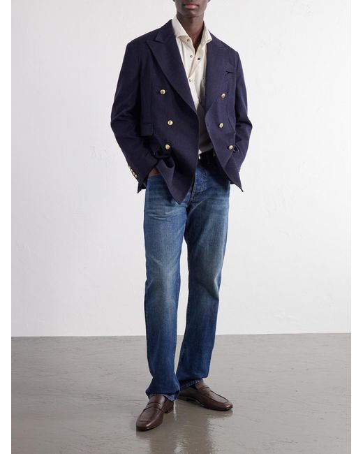 Fortela Blue Travel Double-Breasted Wool-Twill Blazer for men