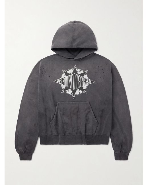 SAINT Mxxxxxx Gray Denim Tears Logo-Print Distressed Cotton-Jersey Hoodie for men