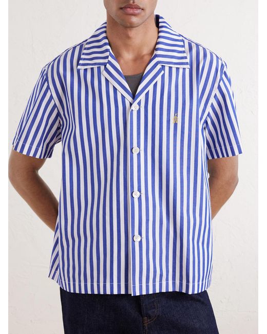Calliope Camp-Collar Embroidered Striped Cotton-Poplin Shirt di Bode in Blue da Uomo