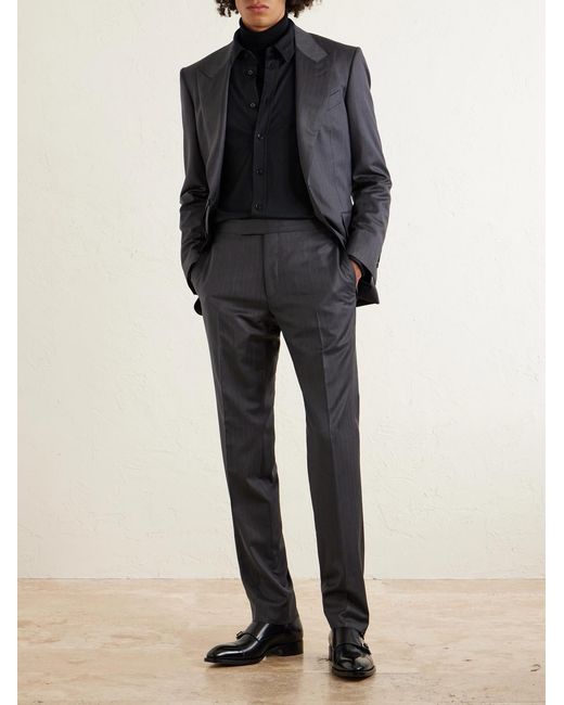 Tom Ford Blue Straight-Leg Herringbone Wool And Silk-Blend Suit Trousers for men