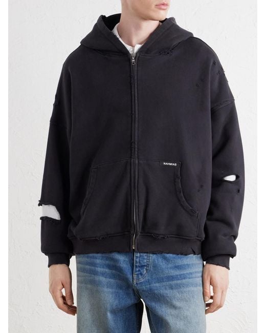NAHMIAS Blue Distressed Cotton-jersey Zip-up Hoodie for men