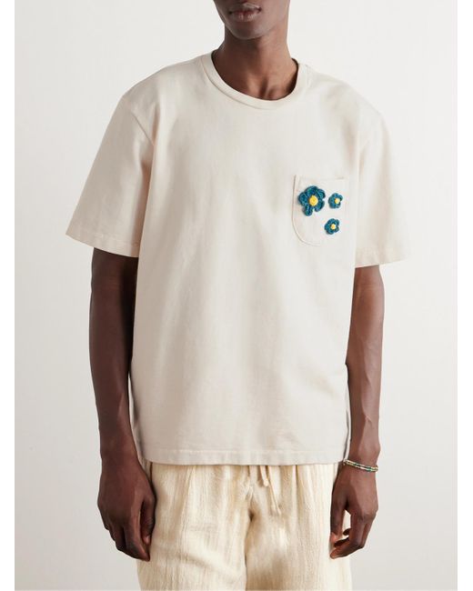 Monitaly T-Shirt aus Baumwoll-Jersey mit Häkelbesatz in Natural für Herren