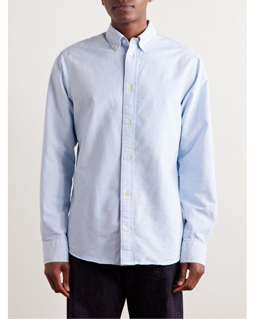 Colby 5910 Button-Down Collar Logo-Embroidered Striped Organic Cotton Shirt di NN07 in Blue da Uomo