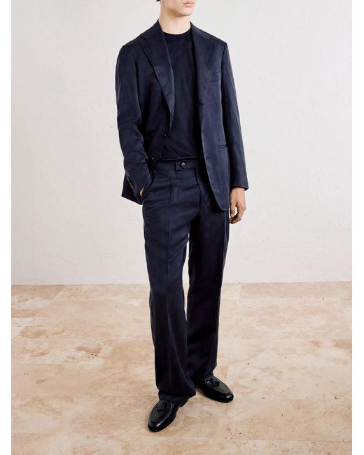 Saman Amel Blue Amo Straight-leg Pleated Silk And Linen-blend Suit Trousers for men