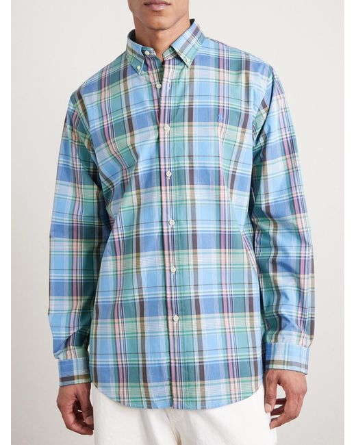 Polo Ralph Lauren Blue Button-Down Collar Logo-Embroidered Checked Cotton Shirt for men