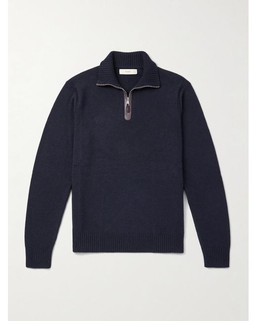 James Purdey & Sons Blue Leather-Trimmed Cashmere Half-Zip Sweater for men
