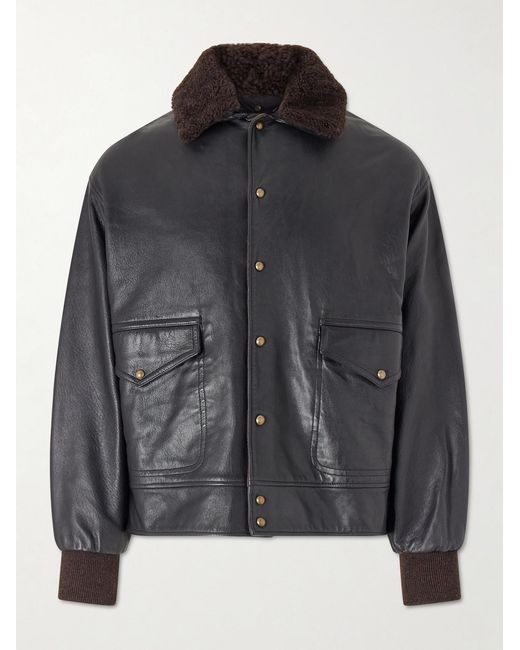 A.PRESSE Black Shearling-Trimmed Leather Jacket for men