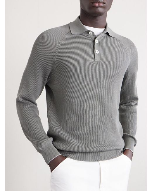 Brunello Cucinelli Gray Ribbed Cotton Polo Shirt for men