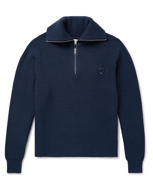 Maison Kitsuné Blue Logo-appliquéd Ribbed Cotton-blend Half-zip Sweater for men