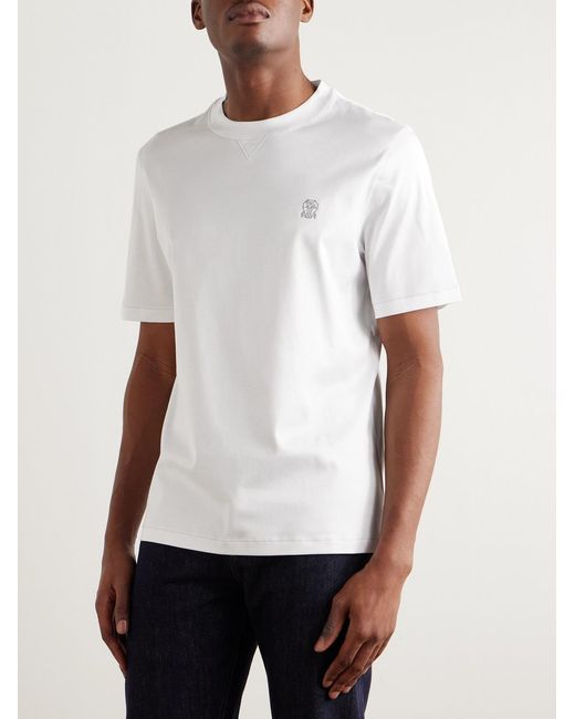 Brunello Cucinelli White Logo-Embroidered Cotton-Jersey T-Shirt for men