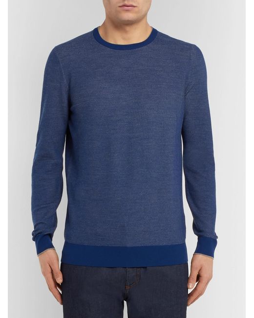 Loro Piana Blue Contrast-Tipped Mélange Wool And Cashmere-Blend Piqué Sweater for men