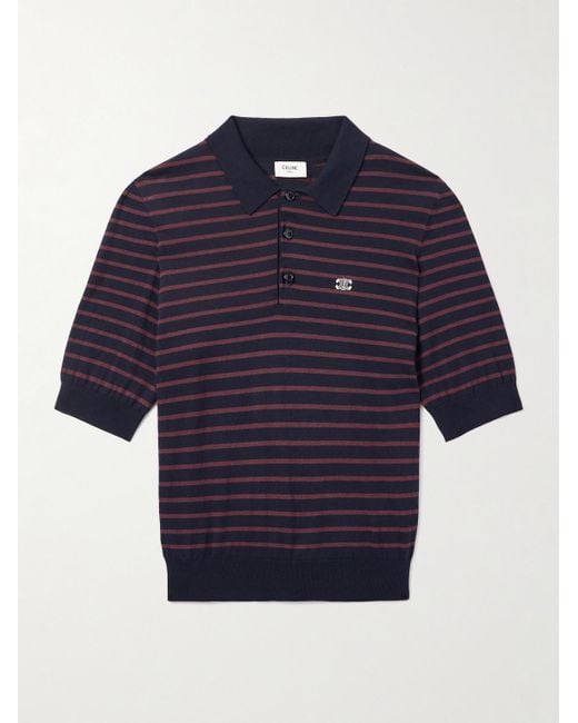 Céline Blue Slim-Fit Logo-Embroidered Striped Cotton Polo Shirt for men